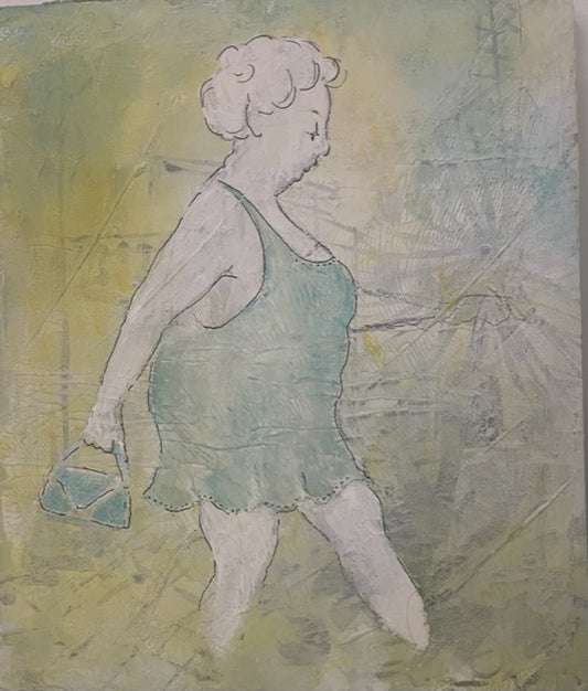 Nona Ana is Walking to the Beach (20x20 oil on wood)