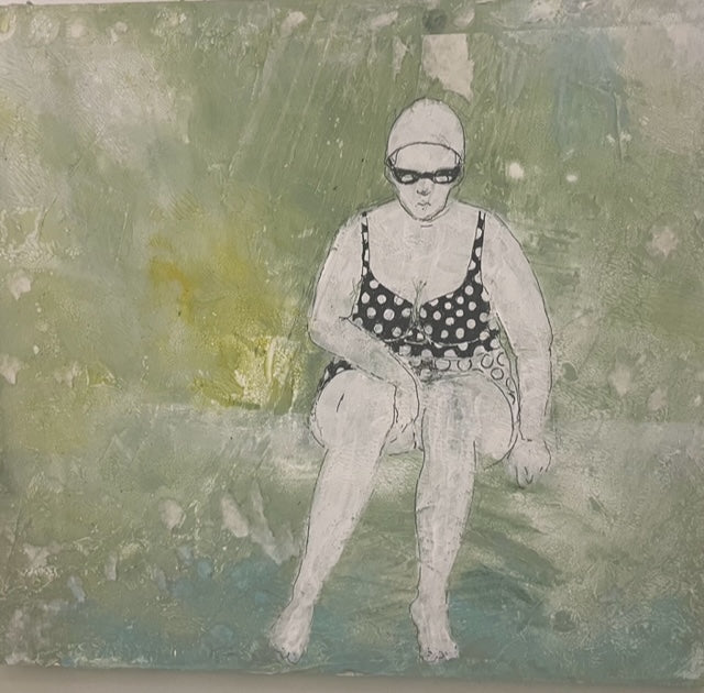 Nona Sanja is Preparing for a Swim (20x20 oil on wood)