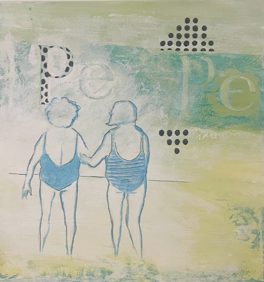 Lifelong Girlfriends Enjoying the Beach (30X30 oil on wood)